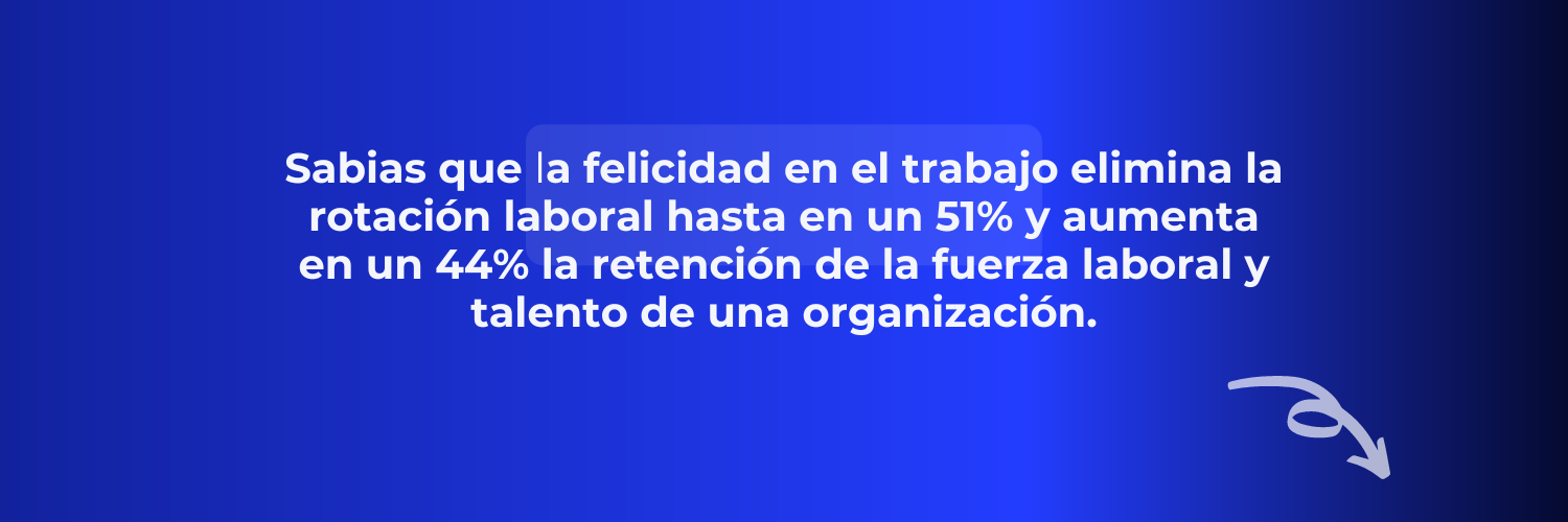 Sabias que la felicidad en el trabajo elimina la rotación laboral hasta en un 51% y aumenta en un 44% la retención de la fuerza laboral y talento de una organización.